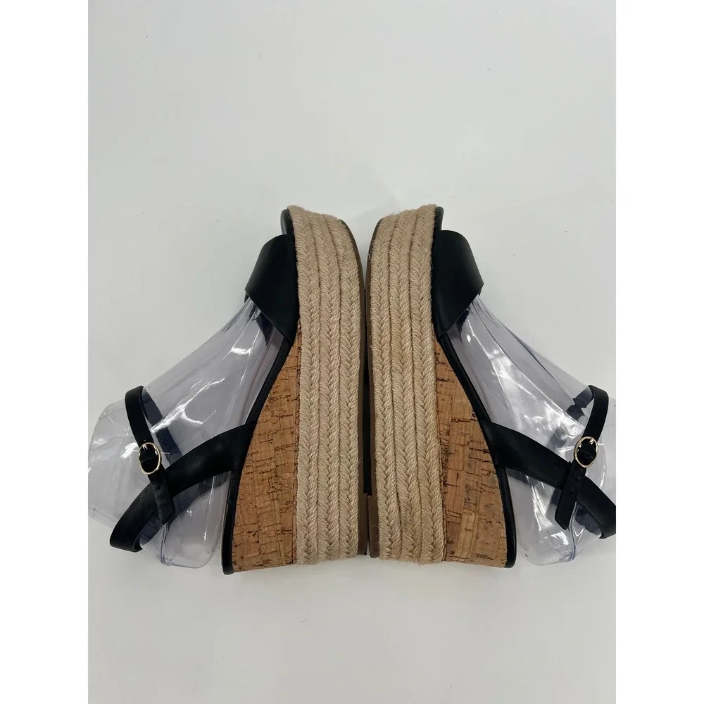Aldo Black Platform Wedge Espadrille Sandals Cork Jute Ankle Strap Womens 8